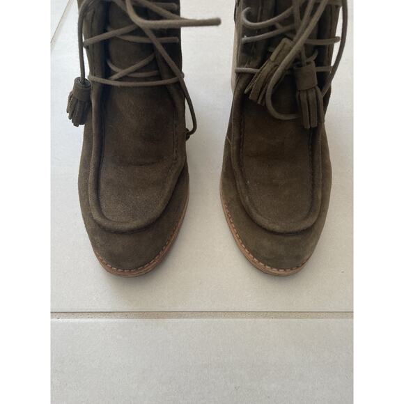 Stuart Weitzman Ankle Boots Wallawalla Suede Lace Up Tassels Green - Picture 9 of 16